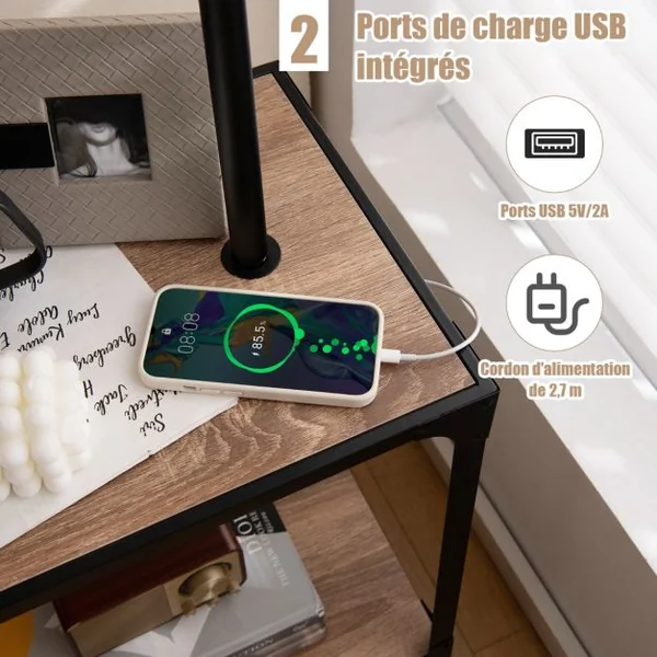 2 en 1 Lampadaire LED et Table d'Appoint avec 2 Étagères 2 Ports de Charge USB Bras de Lampe Rotatif à 360° 49x34x144 cm