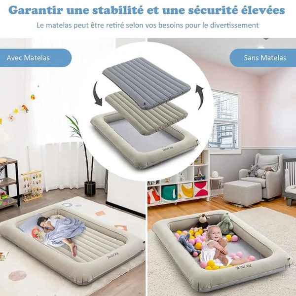 2 en 1 Lit Gonflable pour Enfants Auto-gonflage Rapide en 1 Minute Lit de Voyage Gonflable pour Enfants avec Matelas Amovible
