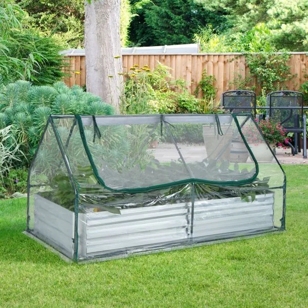 2 en 1 Lit Surélevé de Jardin avec Serre 2 Fenêtres Enroulables à 2 Niveaux Chaud et Aéré Galvanisé 180 x 90 x 91 cm
