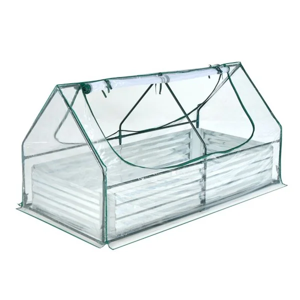 2 en 1 Lit Surélevé de Jardin avec Serre 2 Fenêtres Enroulables à 2 Niveaux Chaud et Aéré Galvanisé 180 x 90 x 91 cm