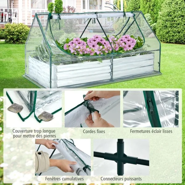 2 en 1 Lit Surélevé de Jardin avec Serre 2 Fenêtres Enroulables à 2 Niveaux Chaud et Aéré Galvanisé 180 x 90 x 91 cm