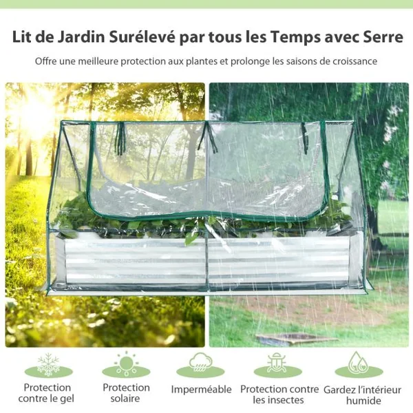2 en 1 Lit Surélevé de Jardin avec Serre 2 Fenêtres Enroulables à 2 Niveaux Chaud et Aéré Galvanisé 180 x 90 x 91 cm