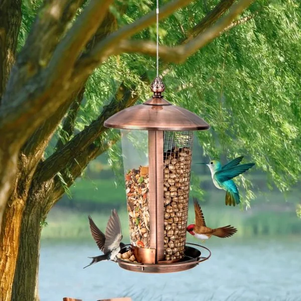 2 en 1 Mangeoire à Oiseaux Suspension en Métal Capacité 1L Mangeoire pour Oiseaux Sauvages Extérieure avec Trous de Drainage