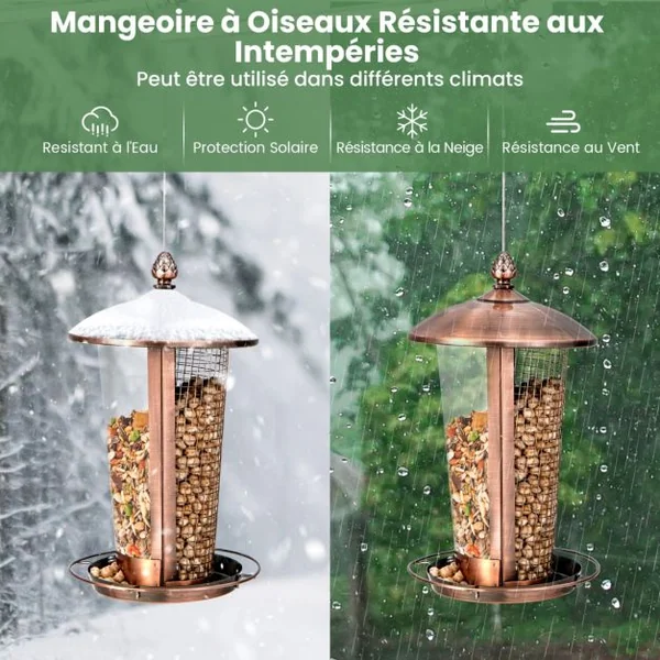 2 en 1 Mangeoire à Oiseaux Suspension en Métal Capacité 1L Mangeoire pour Oiseaux Sauvages Extérieure avec Trous de Drainage