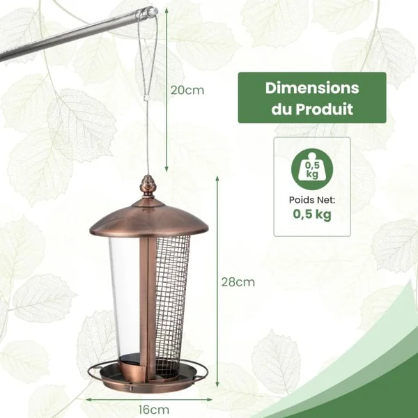 2 en 1 Mangeoire à Oiseaux Suspension en Métal Capacité 1L Mangeoire pour Oiseaux Sauvages Extérieure avec Trous de Drainage