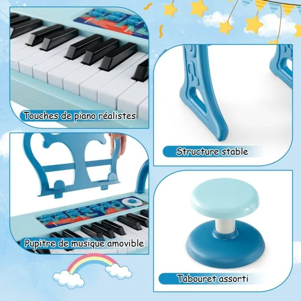 2 en 1 Piano Numérique à 37 Touches Enfants avec Tabouret & Microphone Réglable Clavier Electronique Détachable pour Enfants de 3 Ans+ Bleu/Noir/Rose