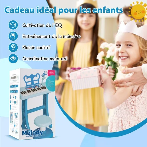 2 en 1 Piano Numérique à 37 Touches Enfants avec Tabouret & Microphone Réglable Clavier Electronique Détachable pour Enfants de 3 Ans+ Bleu/Noir/Rose