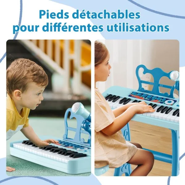 2 en 1 Piano Numérique à 37 Touches Enfants avec Tabouret & Microphone Réglable Clavier Electronique Détachable pour Enfants de 3 Ans+ Bleu/Noir/Rose