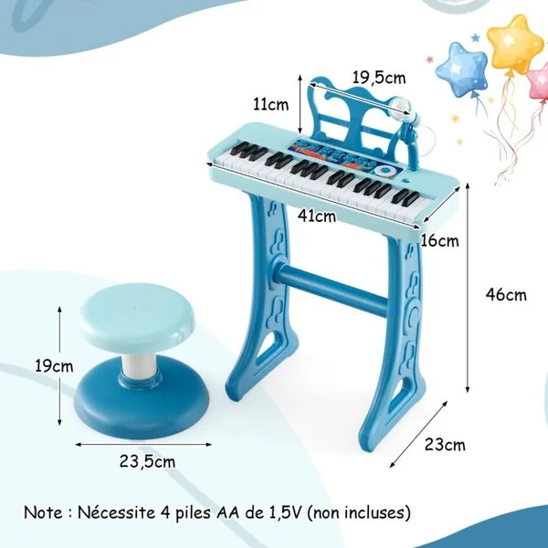 2 en 1 Piano Numérique à 37 Touches Enfants avec Tabouret & Microphone Réglable Clavier Electronique Détachable pour Enfants de 3 Ans+ Bleu/Noir/Rose