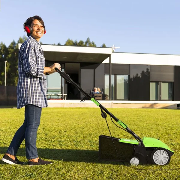 2 en 1 Scarificateur de Pelouse et Râteau Électrique de 12A avec Verrouillage de Sécurité Profondeur à 3 Niveaux Sac de 40 L Orange/Vert