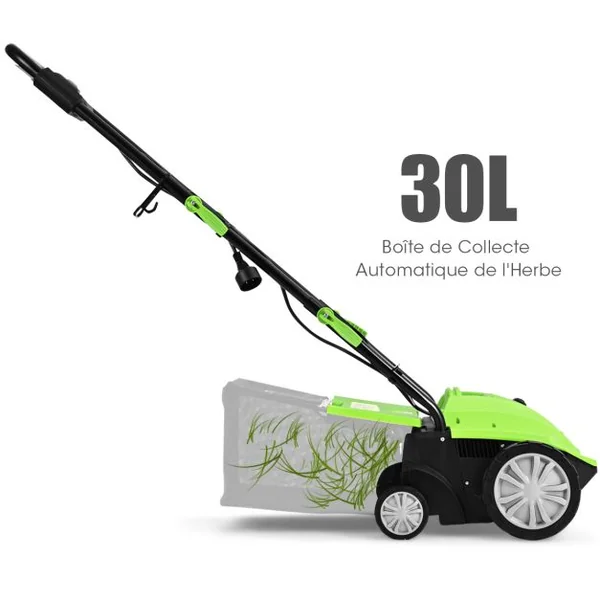 2 en 1 Scarificateur de Pelouse et Râteau Électrique de 12A avec Verrouillage de Sécurité Profondeur à 3 Niveaux Sac de 40 L Orange/Vert