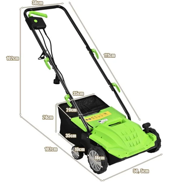 2 en 1 Scarificateur de Pelouse et Râteau Électrique de 12A avec Verrouillage de Sécurité Profondeur à 3 Niveaux Sac de 40 L Orange/Vert