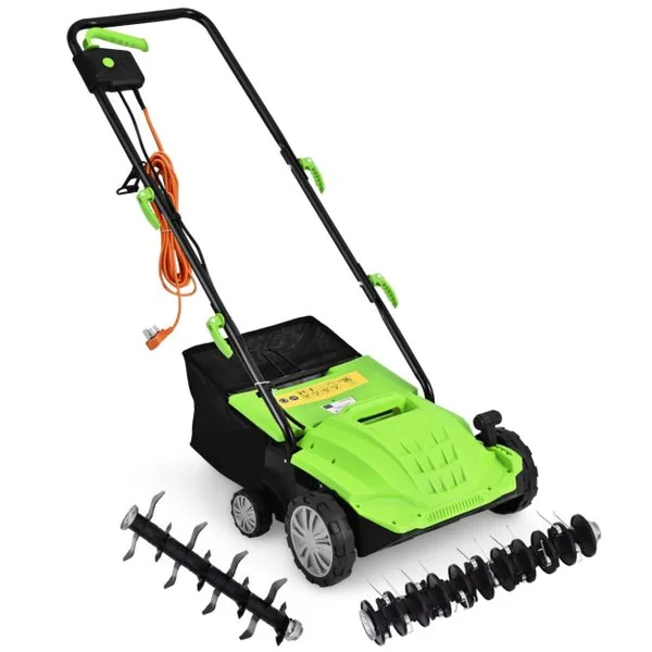 2 en 1 Scarificateur de Pelouse et Râteau Électrique de 12A avec Verrouillage de Sécurité Profondeur à 3 Niveaux Sac de 40 L Orange/Vert