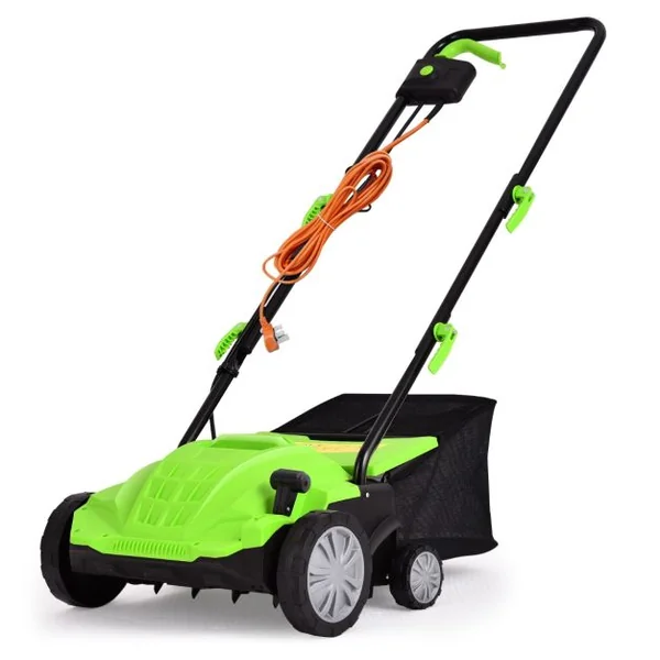 2 en 1 Scarificateur de Pelouse et Râteau Électrique de 12A avec Verrouillage de Sécurité Profondeur à 3 Niveaux Sac de 40 L Orange/Vert