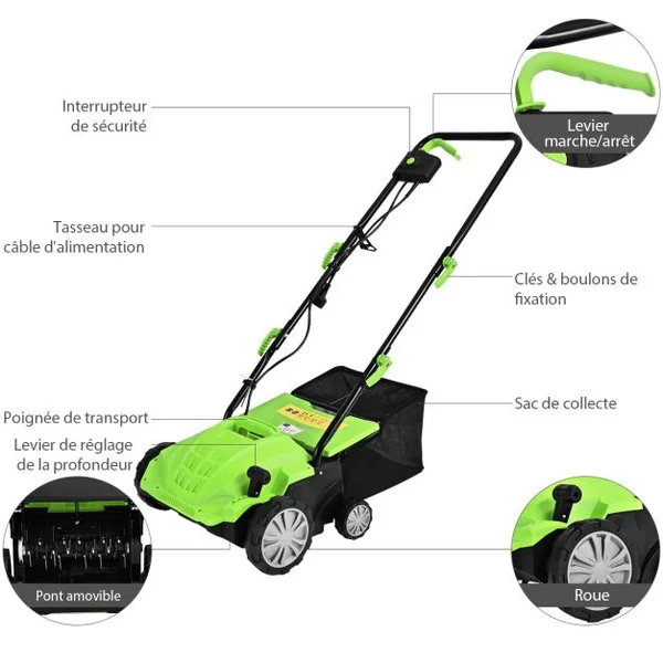 2 en 1 Scarificateur de Pelouse et Râteau Électrique de 12A avec Verrouillage de Sécurité Profondeur à 3 Niveaux Sac de 40 L Orange/Vert