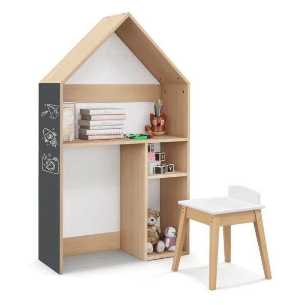 2 en 1 Table Enfants et Chaise en Bois avec Espace de Rangement Bureau Enfants en Forme Maison avec Tableau Noir pour 3 Ans+ Naturel Gris