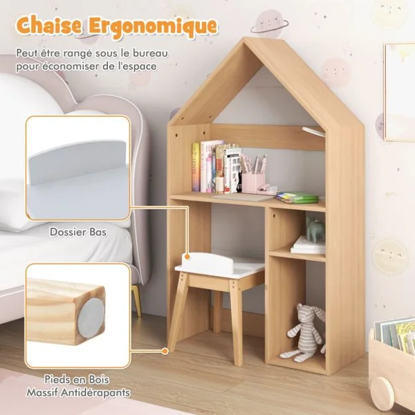 2 en 1 Table Enfants et Chaise en Bois avec Espace de Rangement Bureau Enfants en Forme Maison avec Tableau Noir pour 3 Ans+ Naturel Gris