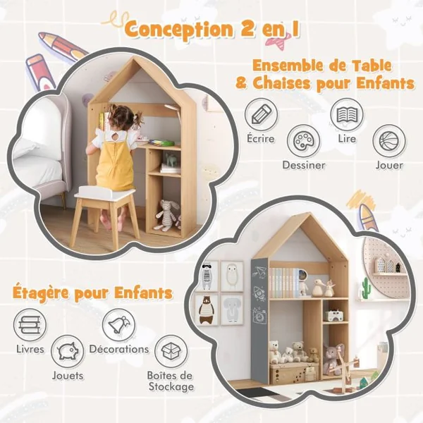 2 en 1 Table Enfants et Chaise en Bois avec Espace de Rangement Bureau Enfants en Forme Maison avec Tableau Noir pour 3 Ans+ Naturel Gris