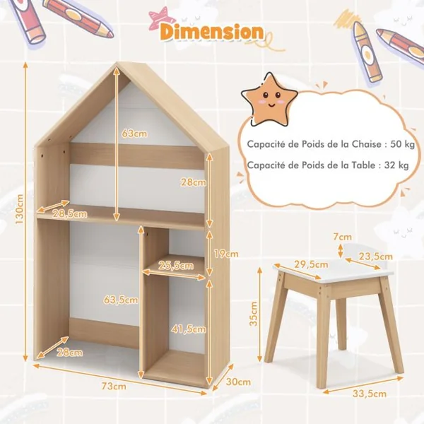 2 en 1 Table Enfants et Chaise en Bois avec Espace de Rangement Bureau Enfants en Forme Maison avec Tableau Noir pour 3 Ans+ Naturel Gris