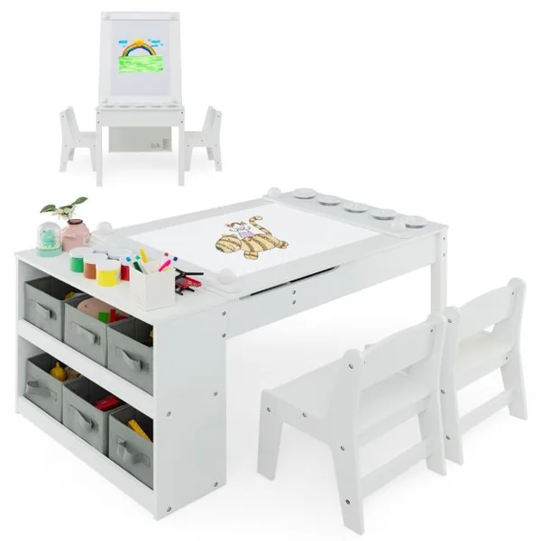 2 en 1 Table à Dessin et 2 Chaises pour Enfants avec Plateau Inclinable Table d'Activité en Bois avec 6 Boîtes de Rangement Charge 91/75kg Blanc/Gris/Naturel