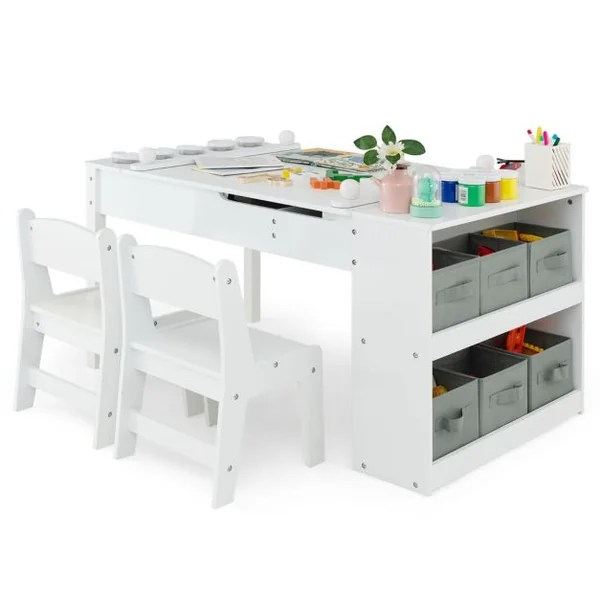 2 en 1 Table à Dessin et 2 Chaises pour Enfants avec Plateau Inclinable Table d'Activité en Bois avec 6 Boîtes de Rangement Charge 91/75kg Blanc/Gris/Naturel