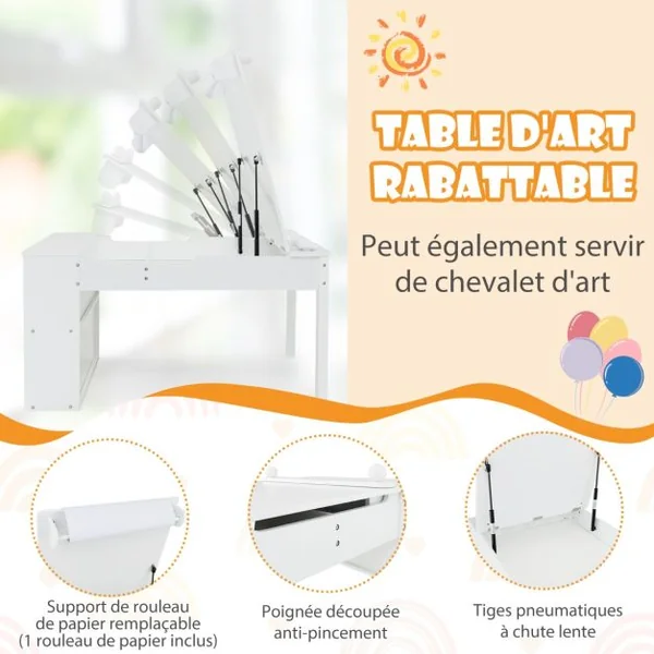 2 en 1 Table à Dessin et 2 Chaises pour Enfants avec Plateau Inclinable Table d'Activité en Bois avec 6 Boîtes de Rangement Charge 91/75kg Blanc/Gris/Naturel