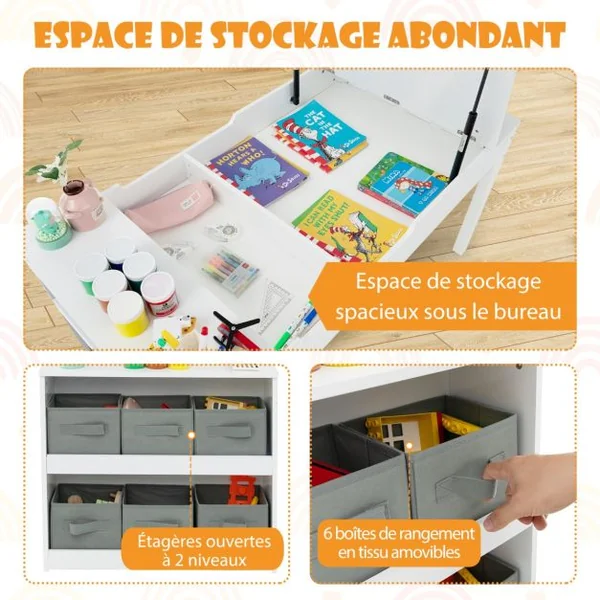 2 en 1 Table à Dessin et 2 Chaises pour Enfants avec Plateau Inclinable Table d'Activité en Bois avec 6 Boîtes de Rangement Charge 91/75kg Blanc/Gris/Naturel