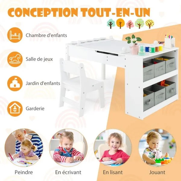 2 en 1 Table à Dessin et 2 Chaises pour Enfants avec Plateau Inclinable Table d'Activité en Bois avec 6 Boîtes de Rangement Charge 91/75kg Blanc/Gris/Naturel
