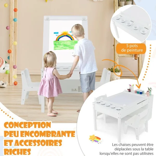 2 en 1 Table à Dessin et 2 Chaises pour Enfants avec Plateau Inclinable Table d'Activité en Bois avec 6 Boîtes de Rangement Charge 91/75kg Blanc/Gris/Naturel