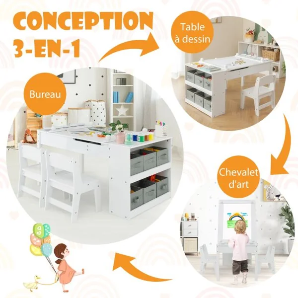 2 en 1 Table à Dessin et 2 Chaises pour Enfants avec Plateau Inclinable Table d'Activité en Bois avec 6 Boîtes de Rangement Charge 91/75kg Blanc/Gris/Naturel