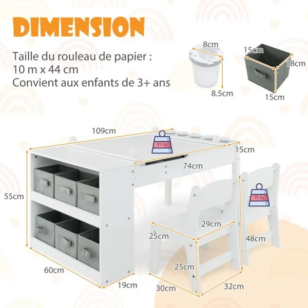 2 en 1 Table à Dessin et 2 Chaises pour Enfants avec Plateau Inclinable Table d'Activité en Bois avec 6 Boîtes de Rangement Charge 91/75kg Blanc/Gris/Naturel