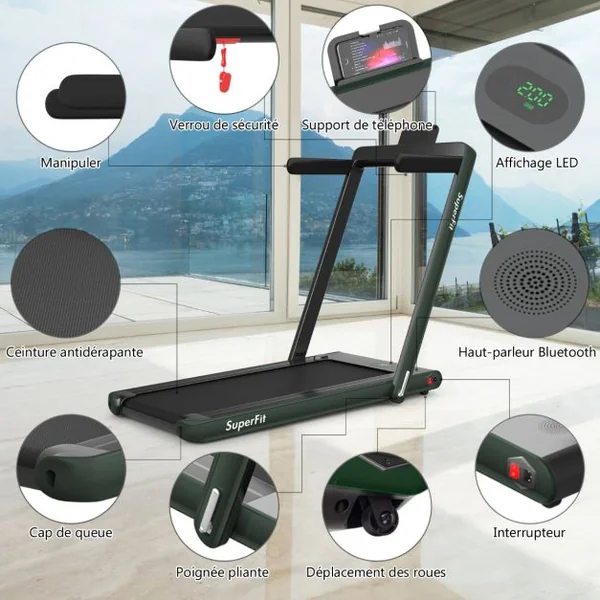 2 en 1 Tapis de Course Electrique Pliable 1 à 12 Km/H avec Haut-parleur Bluetooth Télécommande Moteur 0,75HP Vert/Blanc/Noir/Rouge/Or/Noir et Argenté/Bleu