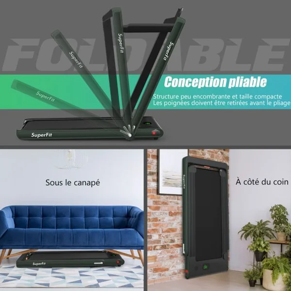 2 en 1 Tapis de Course Electrique Pliable 1 à 12 Km/H avec Haut-parleur Bluetooth Télécommande Moteur 0,75HP Vert/Blanc/Noir/Rouge/Or/Noir et Argenté/Bleu