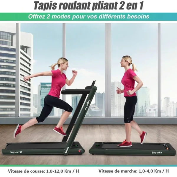 2 en 1 Tapis de Course Electrique Pliable 1 à 12 Km/H avec Haut-parleur Bluetooth Télécommande Moteur 0,75HP Vert/Blanc/Noir/Rouge/Or/Noir et Argenté/Bleu