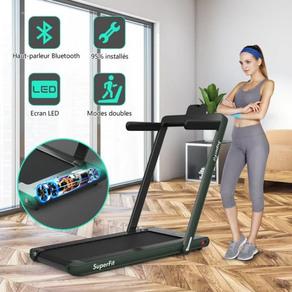2 en 1 Tapis de Course Electrique Pliable 1 à 12 Km/H avec Haut-parleur Bluetooth Télécommande Moteur 0,75HP Vert/Blanc/Noir/Rouge/Or/Noir et Argenté/Bleu
