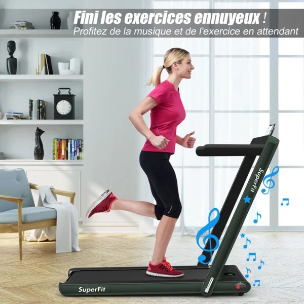 2 en 1 Tapis de Course Electrique Pliable 1 à 12 Km/H avec Haut-parleur Bluetooth Télécommande Moteur 0,75HP Vert/Blanc/Noir/Rouge/Or/Noir et Argenté/Bleu