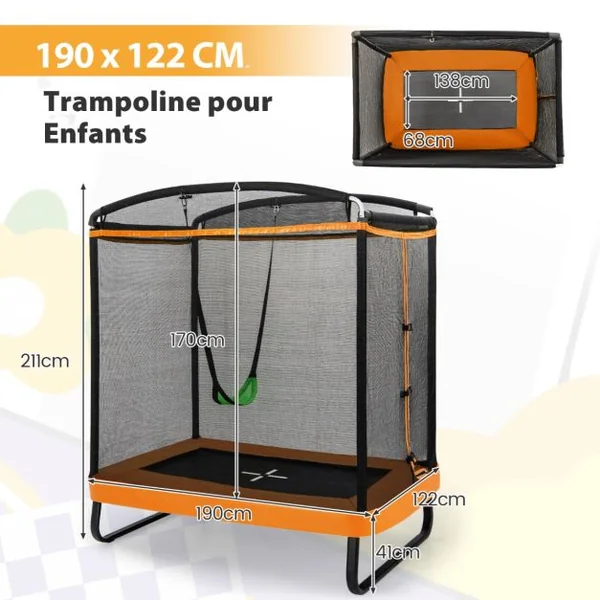2 en 1 Trampoline Enfants (190x122cm) avec Balançoire Amovible Trampoline de Jardin avec Filet de Sécurité Charge 100kg pour 3 Ans+ Bleu/Orange