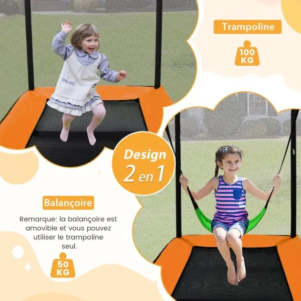 2 en 1 Trampoline Enfants (190x122cm) avec Balançoire Amovible Trampoline de Jardin avec Filet de Sécurité Charge 100kg pour 3 Ans+ Bleu/Orange