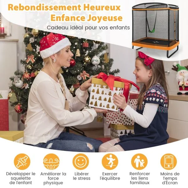 2 en 1 Trampoline Enfants (190x122cm) avec Balançoire Amovible Trampoline de Jardin avec Filet de Sécurité Charge 100kg pour 3 Ans+ Bleu/Orange