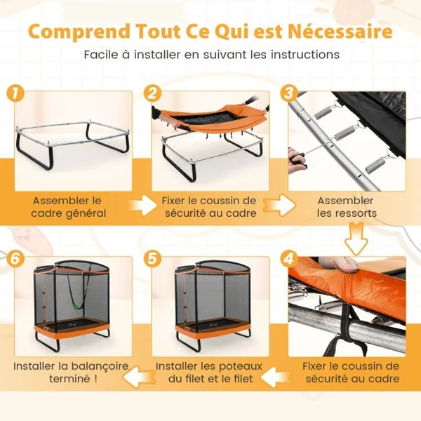 2 en 1 Trampoline Enfants (190x122cm) avec Balançoire Amovible Trampoline de Jardin avec Filet de Sécurité Charge 100kg pour 3 Ans+ Bleu/Orange