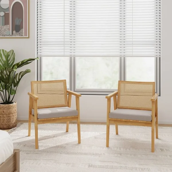 2 Fauteuils d'Appoint de Style Mid Century Fauteuils avec Dossier en Rotin Respirant & Coussin de Siège Amovible Naturel