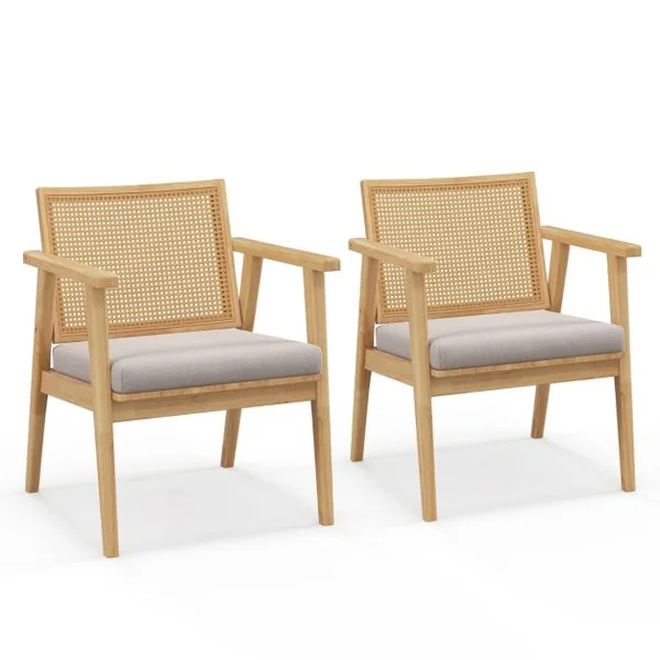 2 Fauteuils d'Appoint de Style Mid Century Fauteuils avec Dossier en Rotin Respirant & Coussin de Siège Amovible Naturel