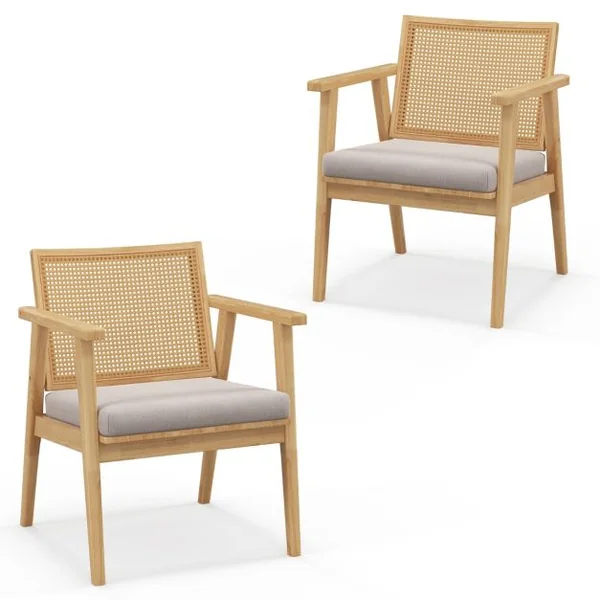 2 Fauteuils d'Appoint de Style Mid Century Fauteuils avec Dossier en Rotin Respirant & Coussin de Siège Amovible Naturel