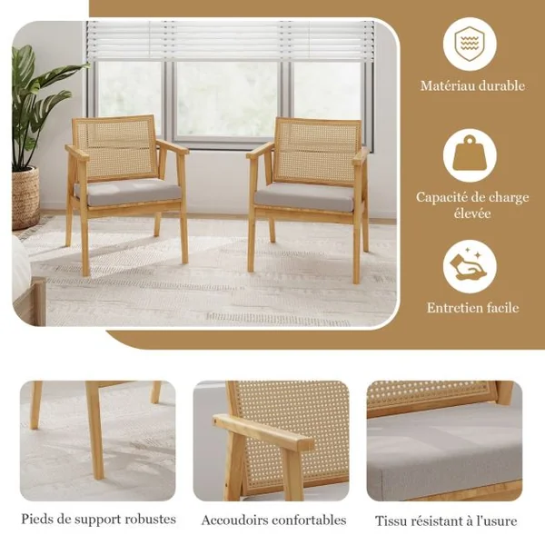 2 Fauteuils d'Appoint de Style Mid Century Fauteuils avec Dossier en Rotin Respirant & Coussin de Siège Amovible Naturel