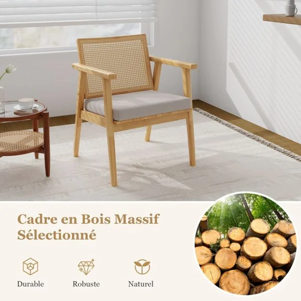 2 Fauteuils d'Appoint de Style Mid Century Fauteuils avec Dossier en Rotin Respirant & Coussin de Siège Amovible Naturel