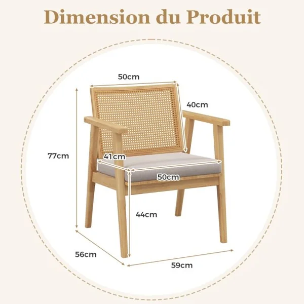 2 Fauteuils d'Appoint de Style Mid Century Fauteuils avec Dossier en Rotin Respirant & Coussin de Siège Amovible Naturel