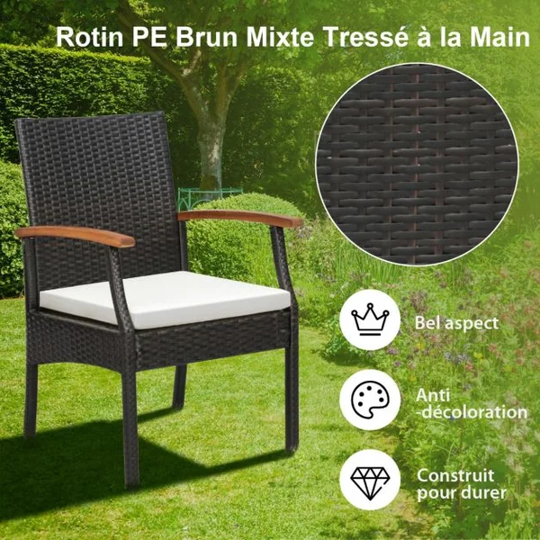 2 Fauteuils de de Jardin Éxterieur avec Coussins pour Repas Térrasse en Rotin PE Fauteuils pour Salon de Jardin Marron