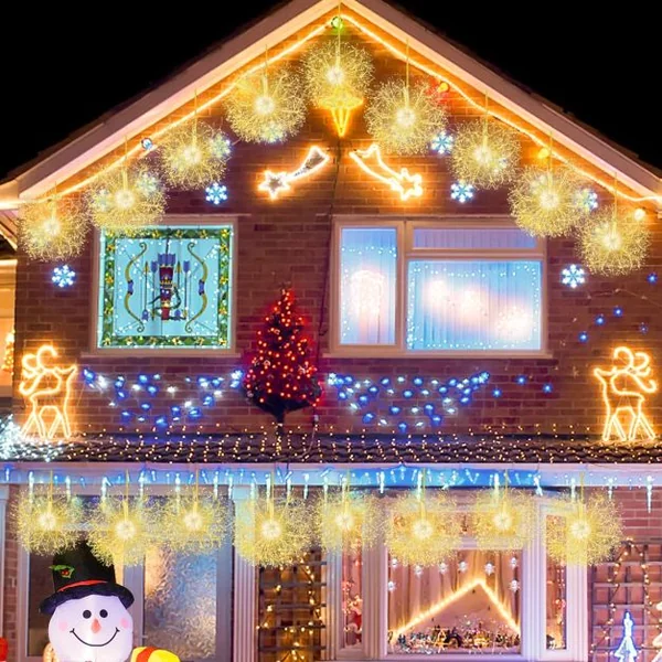 2 Lampes de Noël à Suspendre en Forme de Pissenlit 54 cm et 44 cm Décorations d'Extérieur Pré-éclairées 1488 LED Blanc Chaud Boule