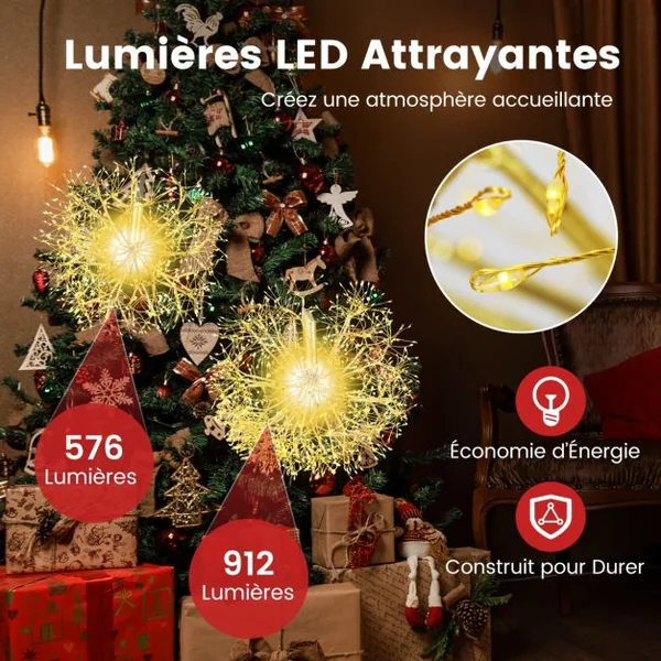 2 Lampes de Noël à Suspendre en Forme de Pissenlit 54 cm et 44 cm Décorations d'Extérieur Pré-éclairées 1488 LED Blanc Chaud Boule