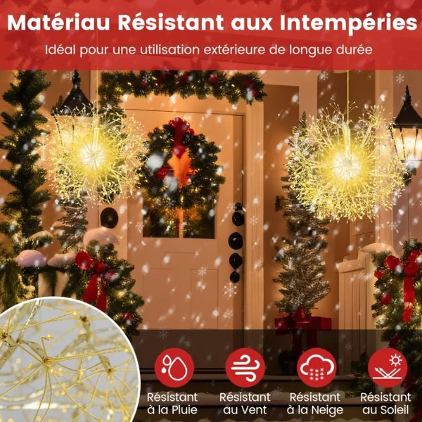 2 Lampes de Noël à Suspendre en Forme de Pissenlit 54 cm et 44 cm Décorations d'Extérieur Pré-éclairées 1488 LED Blanc Chaud Boule